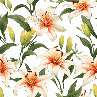 A seamless pattern of orange and white lilies on a white background