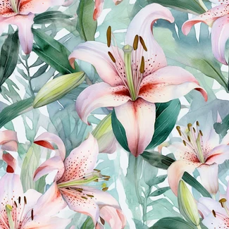 A watercolor seamless pattern featuring delicate pink lilies and intricate floral elements set against a white background.