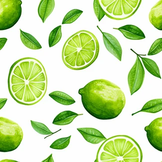 A lime and leaves seamless pattern in watercolor style on a white background.