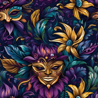 Colorful masquerade masks on a dark navy and light green background