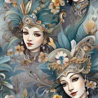 A pattern featuring three women in costume with feathers on a blue background, with opulent fabrics, detailed facial features, and colorful masks of Venice.