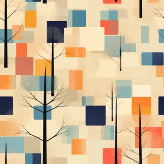 Mid-Century Nature Squares pattern featuring colorful squares and trees in navy, beige, amber, and sky-blue.