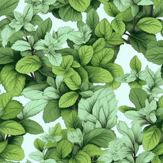 A seamless pattern featuring beautifully hand-painted mint leaves on a light blue background with high-contrast shading and realistic detailing.