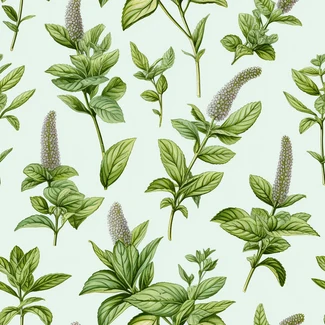 A seamless botanical pattern featuring the leaves and flowers of various herbs including mint, thyme, and nutmeg in light green and white.