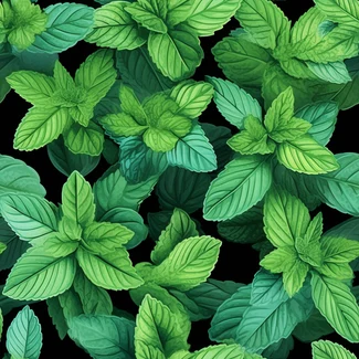 A seamless pattern featuring various mint leaves on a black background, with some leaves having a green background.