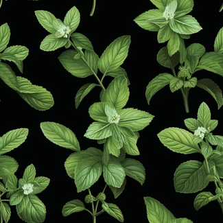 A seamless pattern of detailed mint leaves on a black background.