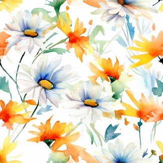 Watercolor daisies on white background with yellow and orange tones