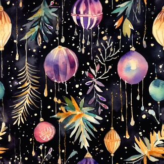 A beautiful, watercolor Christmas pattern in deep purples and golds, featuring painted flowers, Christmas lights, and balls.