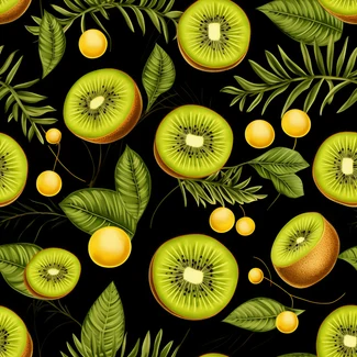 A seamless pattern of kiwi and grapes on a black background, with highly detailed foliage in realistic hyper-detail.