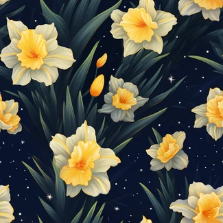 A seamless pattern featuring yellow daffodils, butterflies and stars on a dark blue background