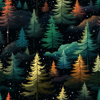 A repeating pattern of pine trees at night, in dark emerald, dark black, and amber colors.