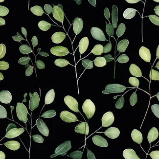 A seamless pattern of eucalyptus leaves on a black background, with delicate watercolor landscapes and fine detailing.