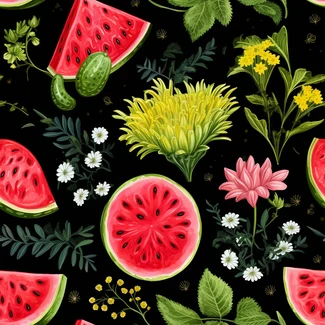 A seamless pattern of watermelon botanical illustration on a black background with roses and flowers.