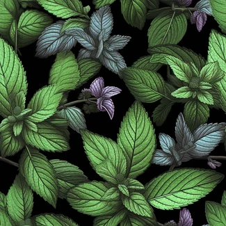 Mint foliage engraved illustration pattern on a black background