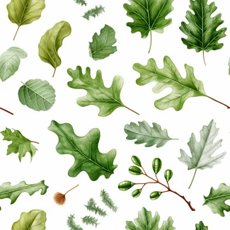 Watercolor botanical pattern featuring green oak leaves and branches on a white background.