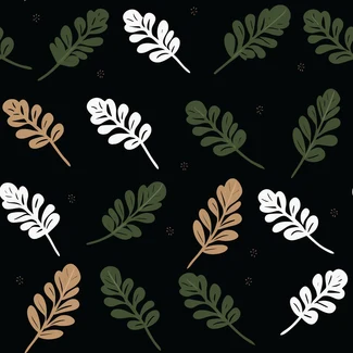 A black background with green leaves in various shades and shapes.