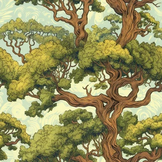 An illustration of a large green Oak tree with vines and branches in tones of green and blue, surrounded by an expansive landscape and wilderness setting.