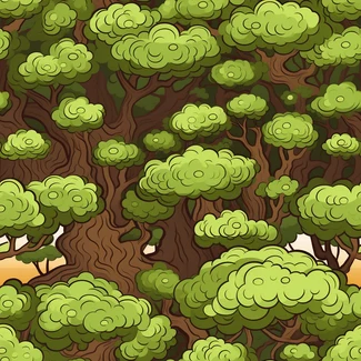 A whimsical forest background featuring green trees and intricate details inspired by baroque grandiosity.