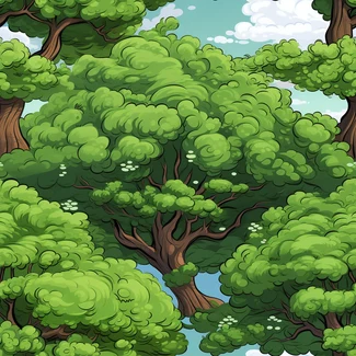 A whimsical seamless pattern of cartoon trees in shades of green, set against a vibrant blue sky with fluffy white clouds.