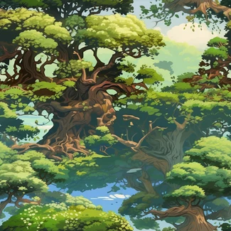 A beautiful cartoon illustration of a forest with multiple trees in a digital painting style with heavy shading and organic shapes.