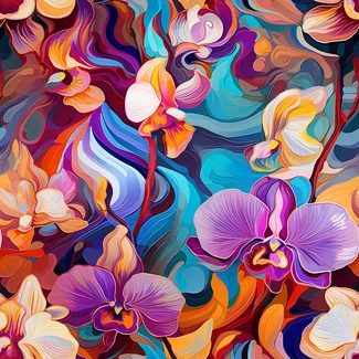 Colorful floral pattern featuring organic forms and ocean wave motifs on a blue background.