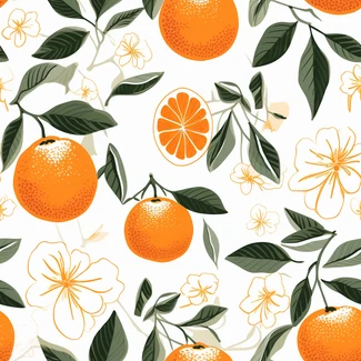 A seamless pattern featuring oranges and flowers with foliage on a white background.