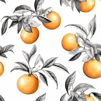 A botanical illustration of oranges and leaves on a white background.