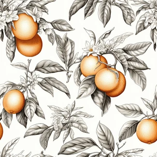 A seamless botanical oranges pattern featuring realistic oranges, flowers, and leaves in a monochrome color palette with high resolution and detailed shading.
