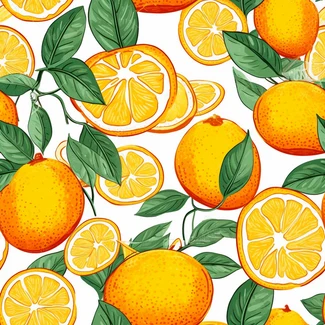 A seamless pattern featuring oranges and leaves on a white background