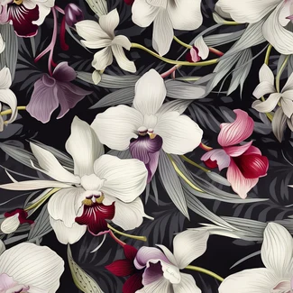 A beautiful seamless pattern of orchid flowers on a black background.