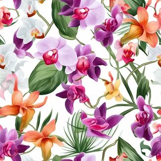 Colorful seamless pattern featuring exotic orchids and leaves on a bright white background.