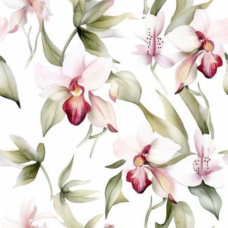 A beautiful watercolor seamless pattern featuring orchids in shades of pink, light maroon, light green, and light magenta on a white background.