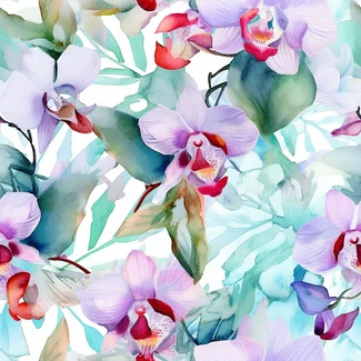 A watercolor seamless pattern of tropical orchids with leaves and branches on a white background