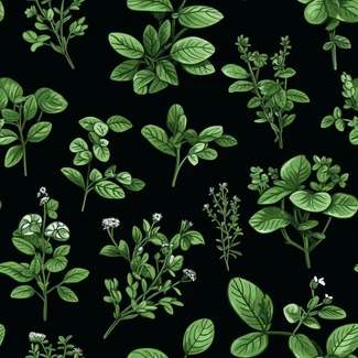 A seamless pattern of green herb leaves on a black background