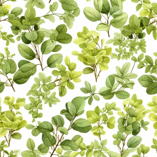 Botanical watercolor seamless pattern with green leaves and branches on a white background.