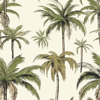 Tropical vintage palm trees wallpaper in shades of light yellow and dark green on a brown background.