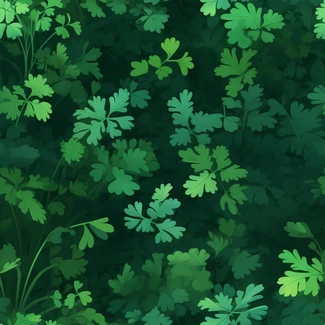 A seamless pattern of green parsley foliage on a dark background with a cartoonish style.