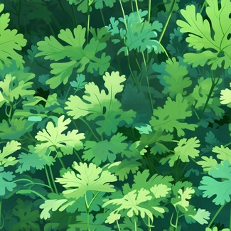 A playful pattern of green parsley leaves set against a tranquil landscape.
