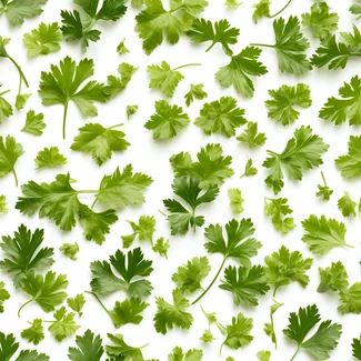 A pattern of large parsley leaves scattered on a white background.