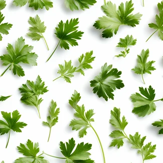 A repeating pattern of fresh parsley leaves scattered on a white background