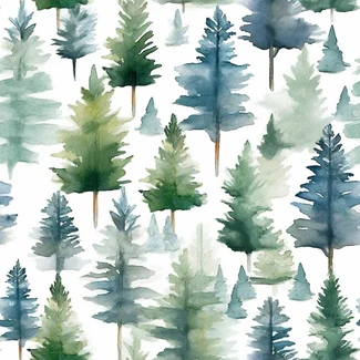 A seamless pattern featuring two watercolor pine trees on a white background.