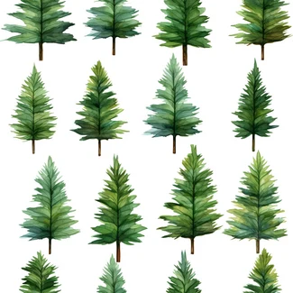 A watercolor pattern featuring various shades of green pine and fir trees set against a white background.
