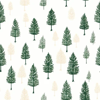 A festive pattern of pine trees in green and beige on a white background.