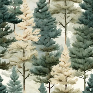 A seamless pattern of pine trees and leaves in tonal colors with realistic detail and texture.