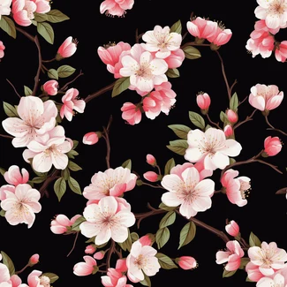 Pink Cherry Blossom on Black Background Pattern