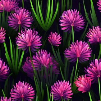 Seamless pattern of pink flowers and green plants on dark background