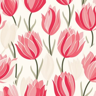 A seamless pattern of pink tulips on a soft beige background with vintage-inspired cartoonish illustrations.