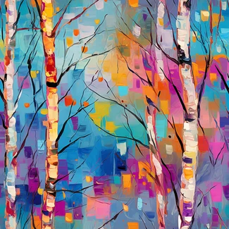 Pixelated Birch Trees - an abstract landscape oil painting of colorful birch trees in a unique pixel-art style