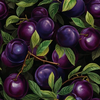 A hyperrealistic seamless pattern featuring purple plums and their leaves