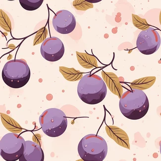 A seamless pattern of plum fruits on a branch with organic fluid shapes, set against a peach background